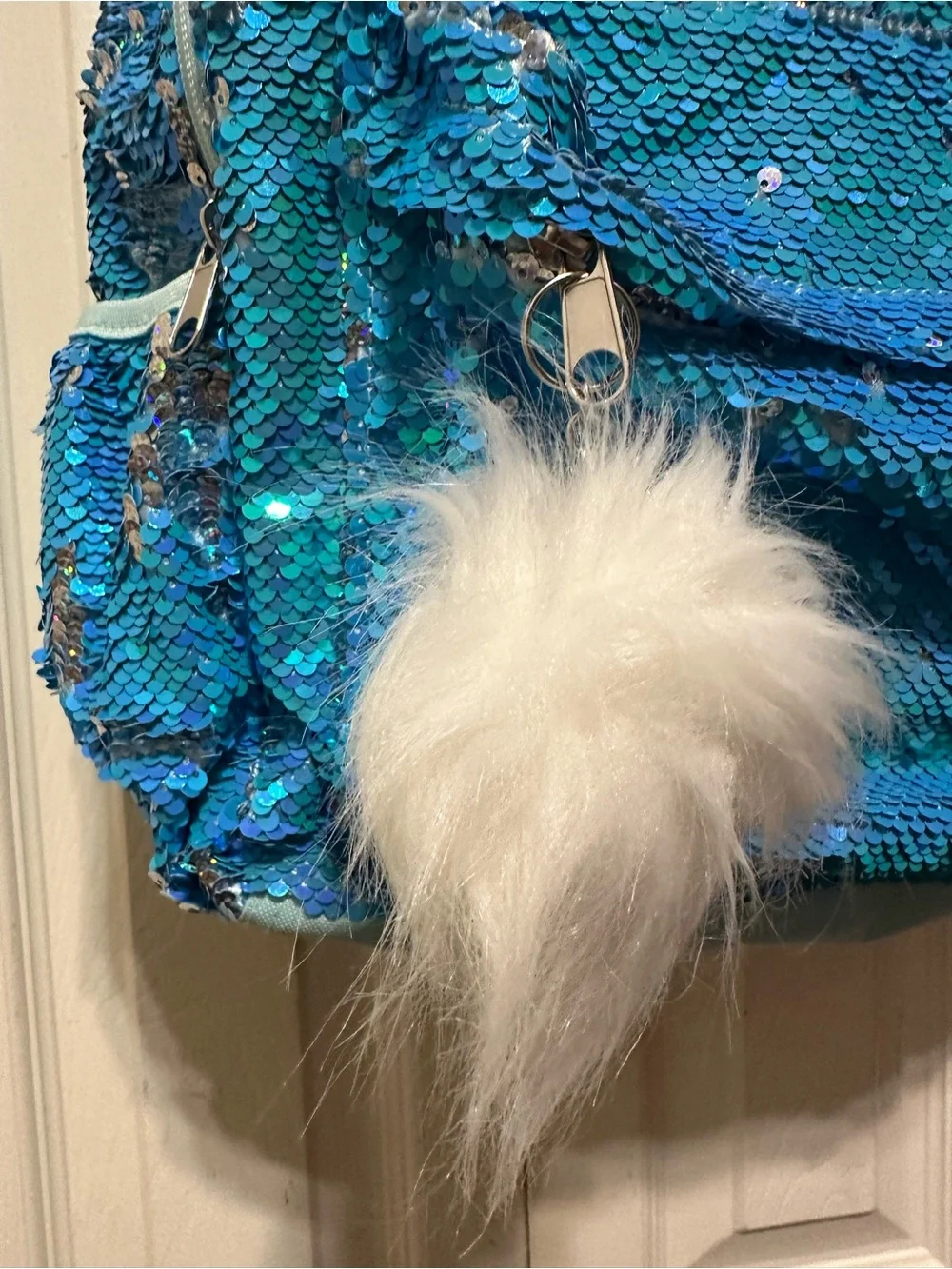 Justice Blue Sequin Kids Backpack with Faux Fur Charm